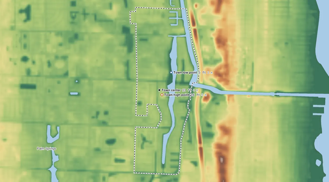 Topographic elevation map of Lake Clarke Shores, Florida, shaded from 5 ft on the northeast side to 16 ft near the middle