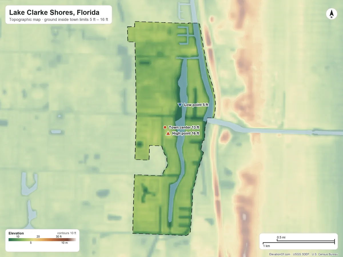 Topographic elevation map of Lake Clarke Shores, Florida, shaded from 5 ft on the northeast side to 16 ft near the middle