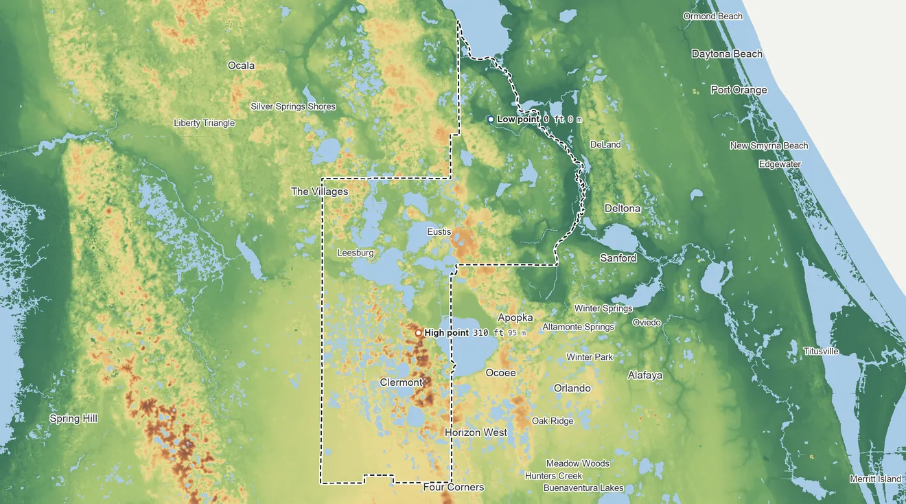 Topographic elevation map of Lake County, Florida, shaded from sea level on Billies Bay to 310 ft on Sugarloaf Mountain