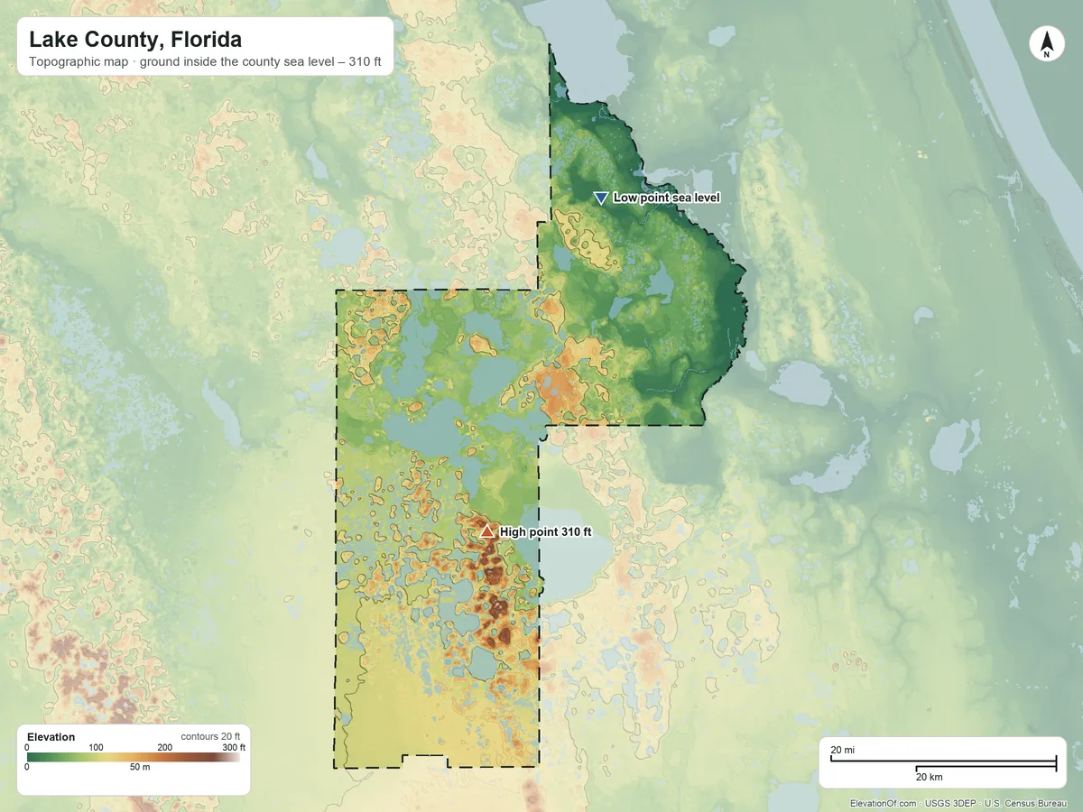 Topographic elevation map of Lake County, Florida, shaded from sea level on Billies Bay to 310 ft on Sugarloaf Mountain