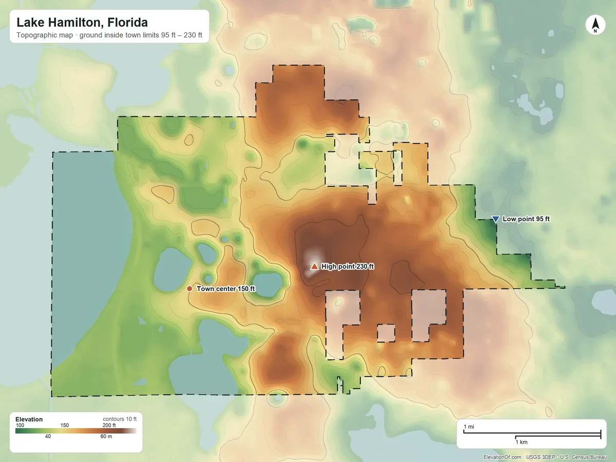 Topographic elevation map of Lake Hamilton, Florida, shaded from 95 ft on the east side to 230 ft on the east side