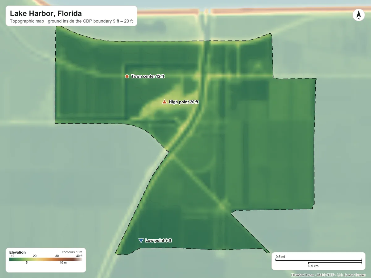 Topographic elevation map of Lake Harbor, Florida, shaded from 9 ft on the south side to 20 ft on the southeast side