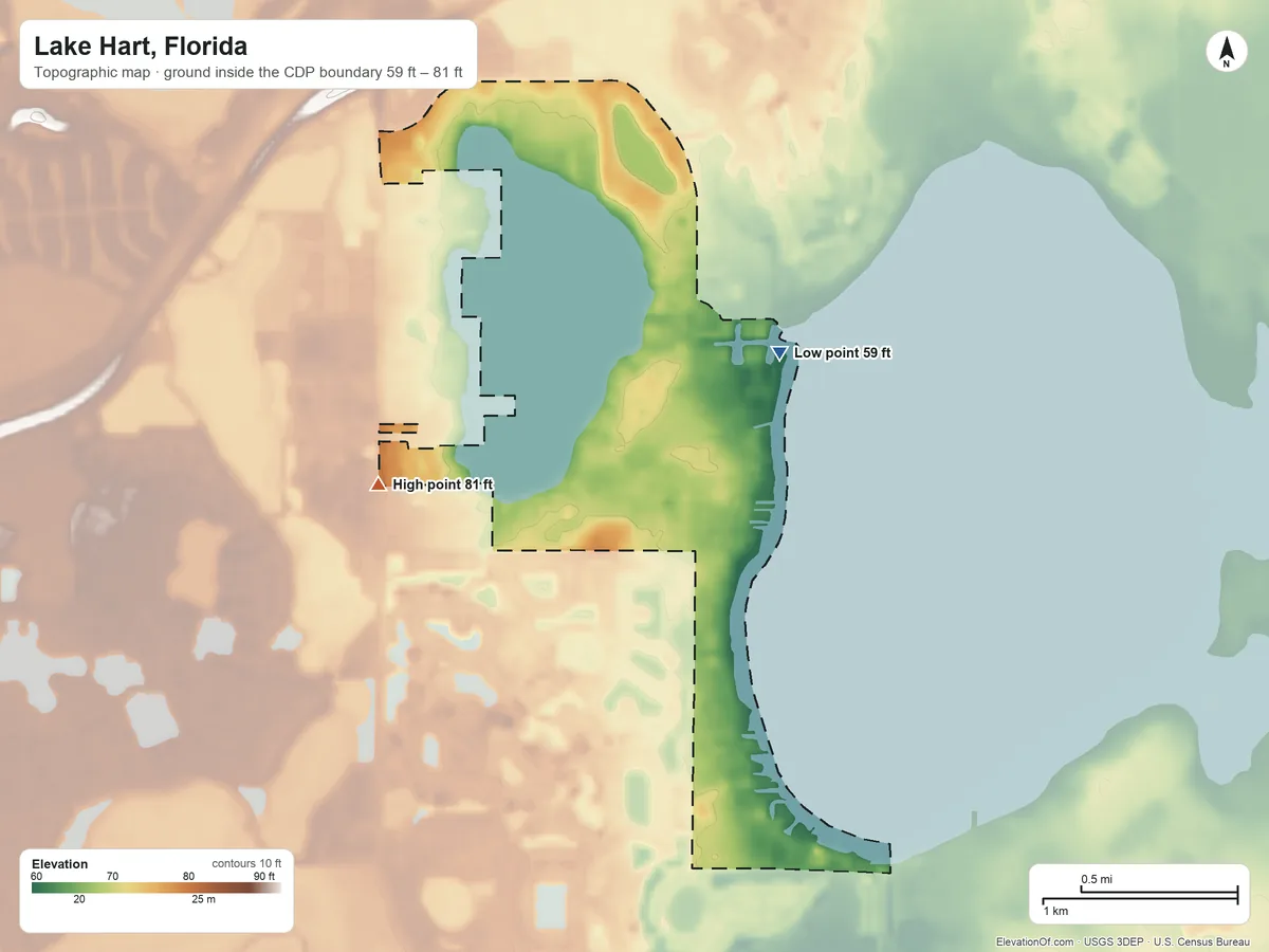 Topographic elevation map of Lake Hart, Florida, shaded from 59 ft on the northeast side to 81 ft on the west side