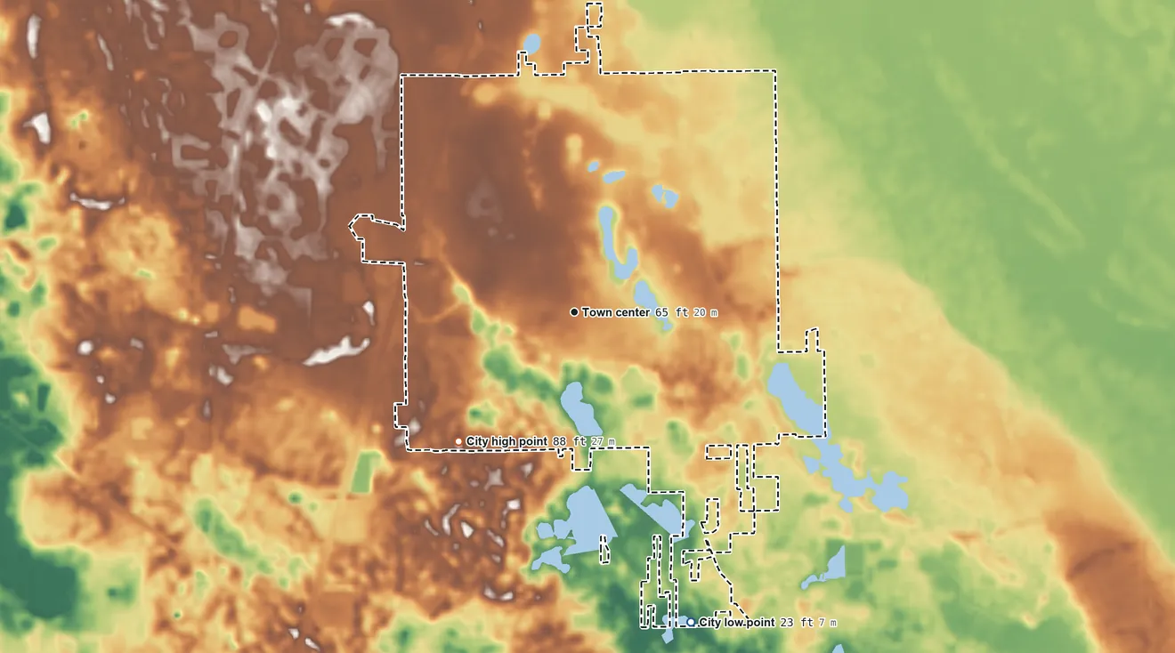 Topographic elevation map of Lake Helen, Florida, shaded from 23 ft on the south side to 88 ft on the southwest side