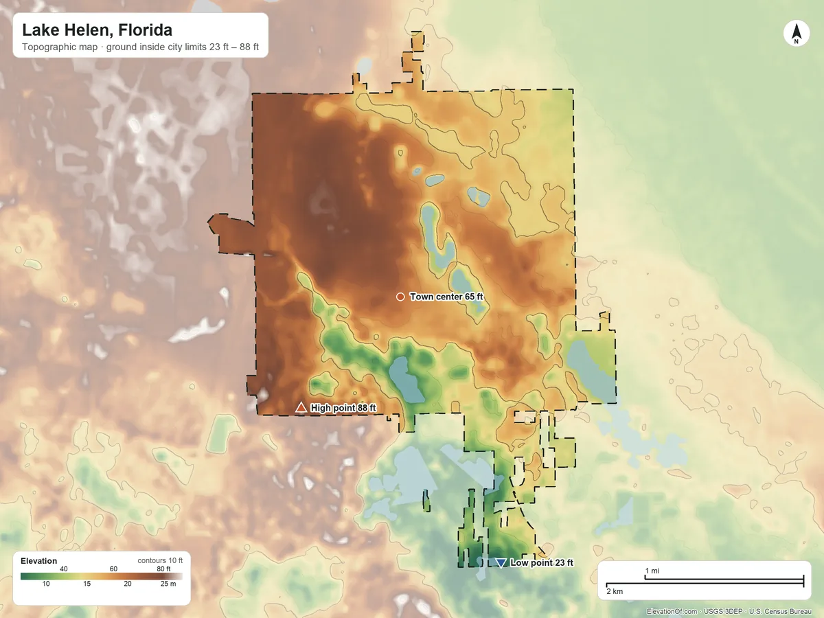 Topographic elevation map of Lake Helen, Florida, shaded from 23 ft on the south side to 88 ft on the southwest side