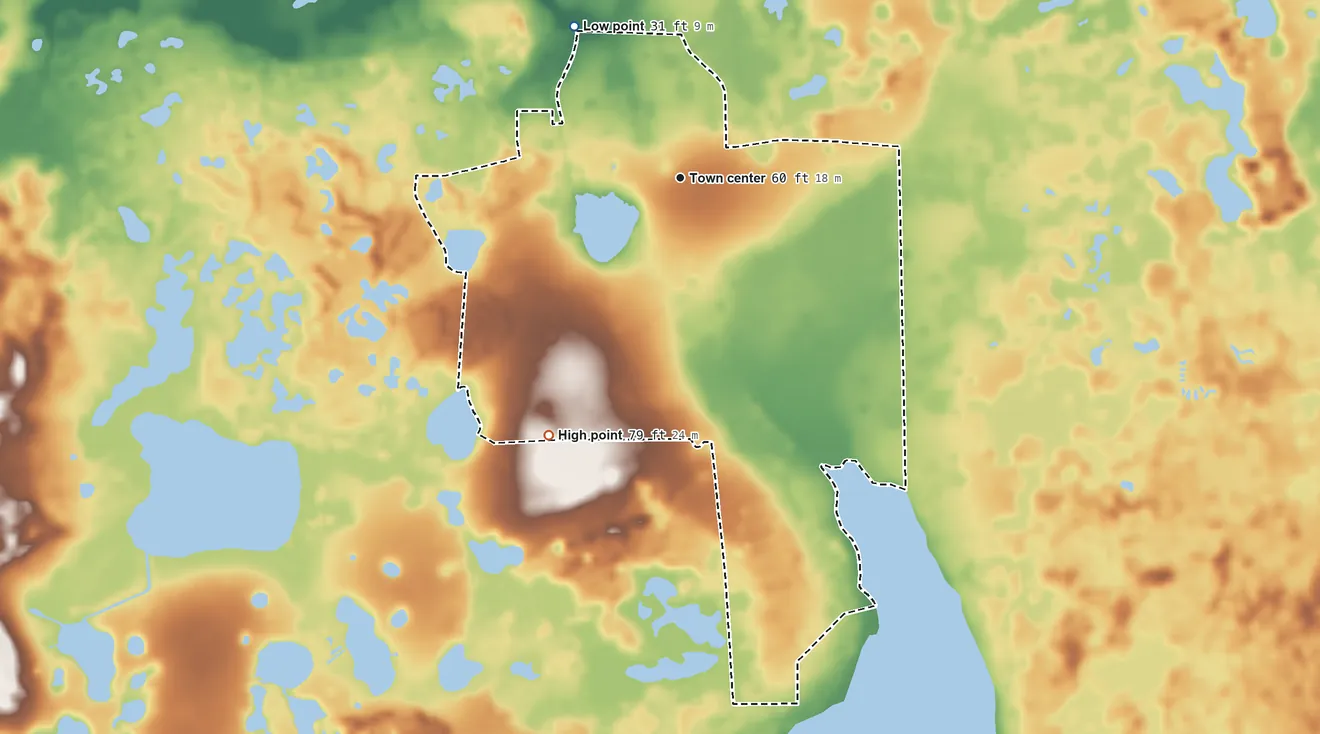 Topographic elevation map of Lake Kathryn, Florida, shaded from 31 ft on the northwest side to 79 ft on the southwest side