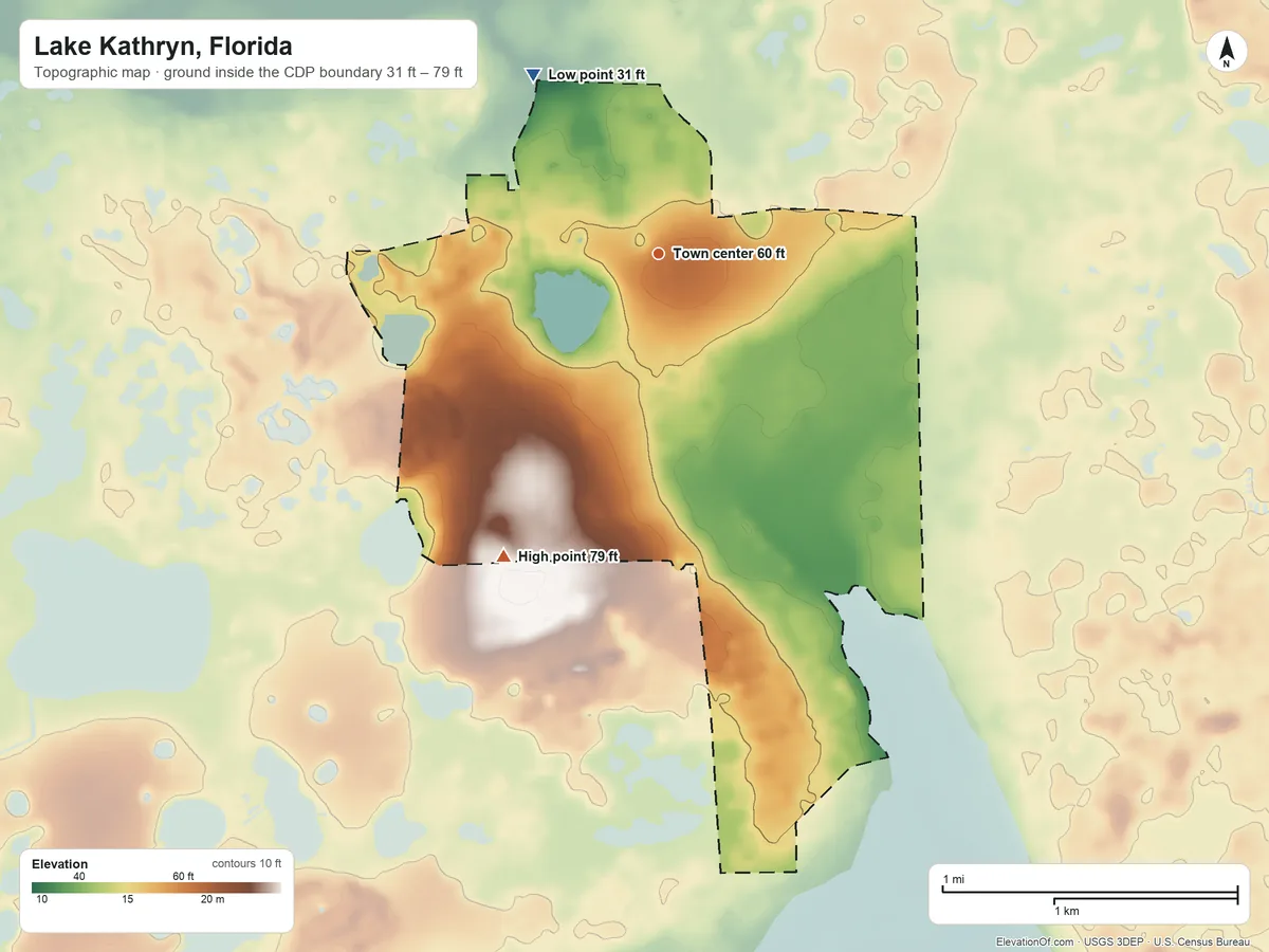 Topographic elevation map of Lake Kathryn, Florida, shaded from 31 ft on the northwest side to 79 ft on the southwest side