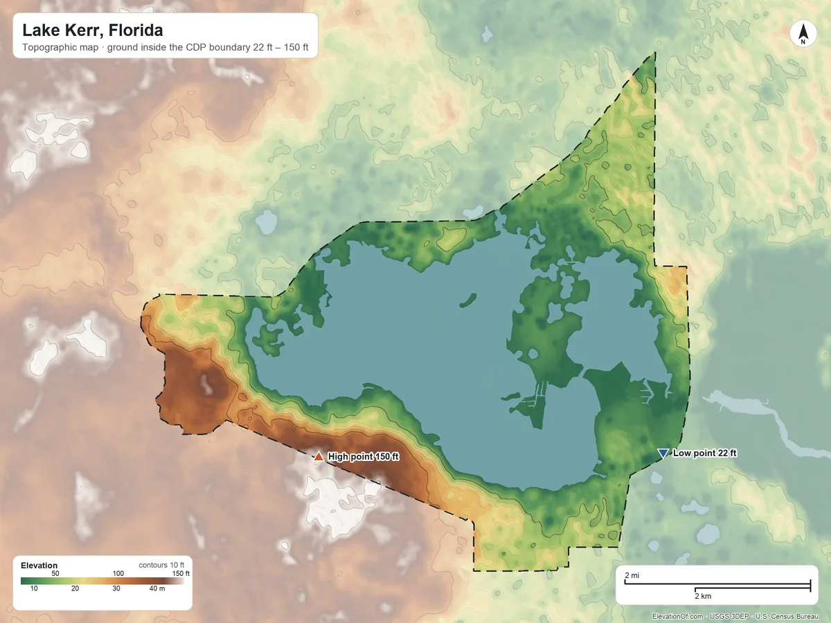 Topographic elevation map of Lake Kerr, Florida, shaded from 22 ft on the southeast side to 150 ft on the west side