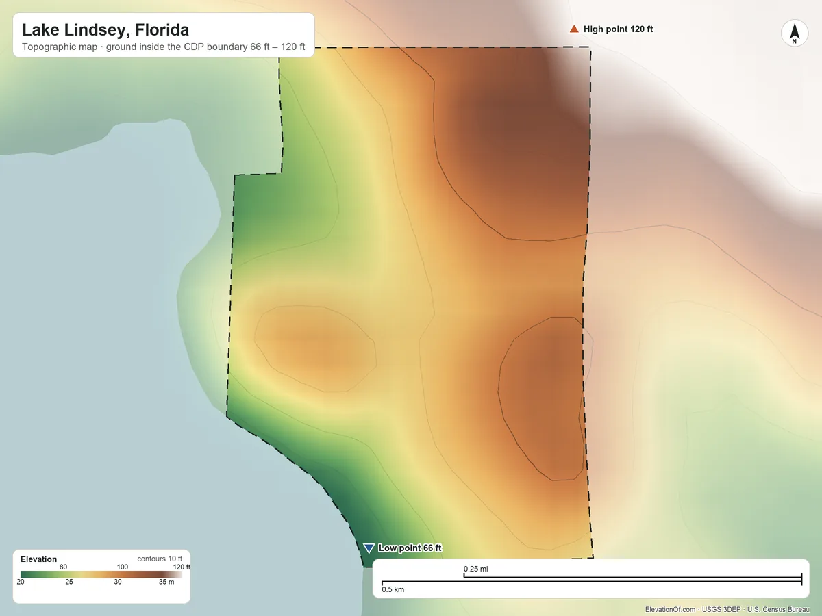 Topographic elevation map of Lake Lindsey, Florida, shaded from 66 ft on the south side to 120 ft on the northeast side