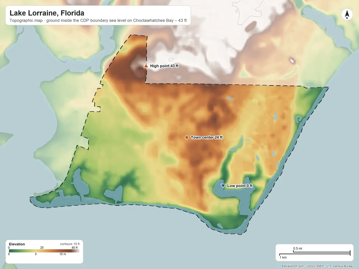 Topographic elevation map of Lake Lorraine, Florida, shaded from sea level level on Choctawhatchee Bay to 43 ft on the northwest side