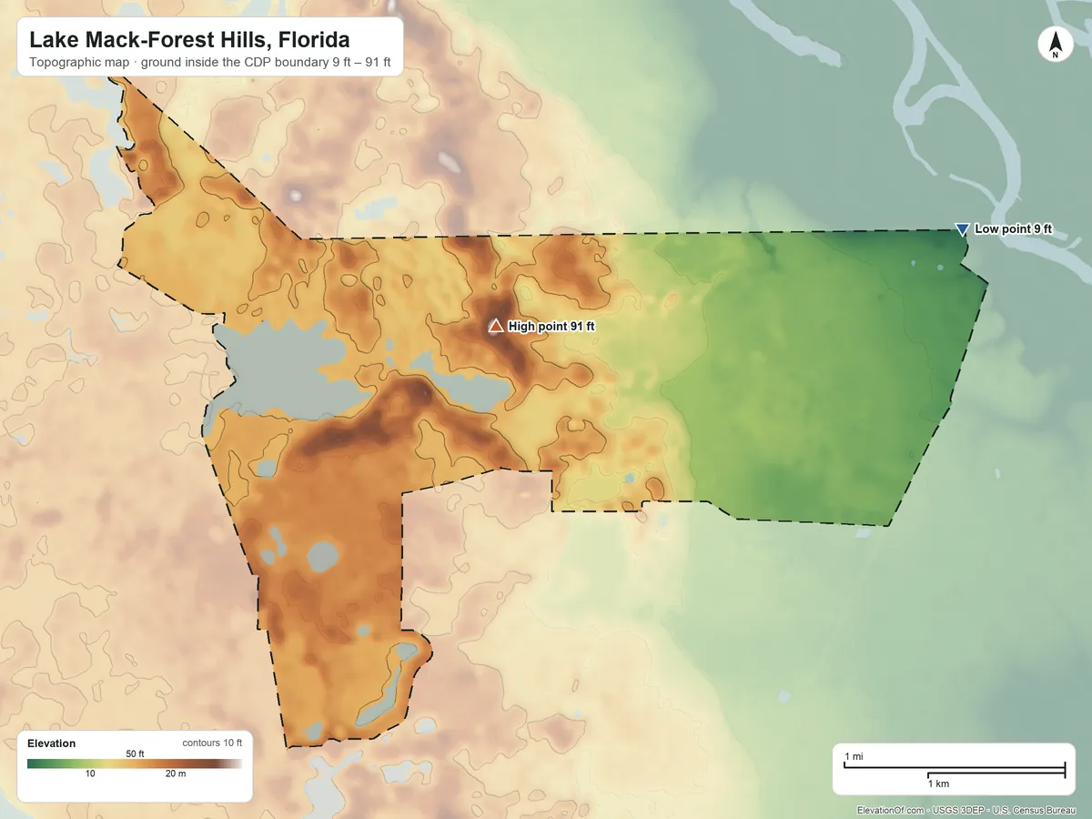 Topographic elevation map of Lake Mack-Forest Hills, Florida, shaded from 9 ft on the northeast side to 91 ft on the northeast side