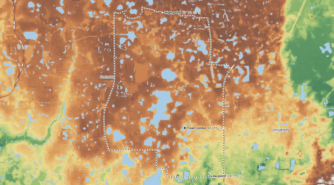 Topographic elevation map of Lake Magdalene, Florida, shaded from 24 ft on the southeast side to 67 ft on the north side