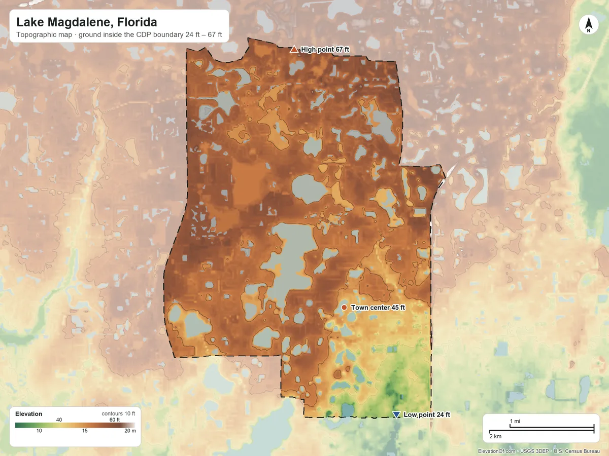 Topographic elevation map of Lake Magdalene, Florida, shaded from 24 ft on the southeast side to 67 ft on the north side
