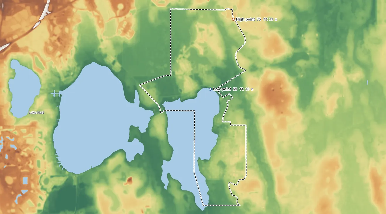 Topographic elevation map of Lake Mary Jane, Florida, shaded from 59 ft on the north side to 75 ft on the north side