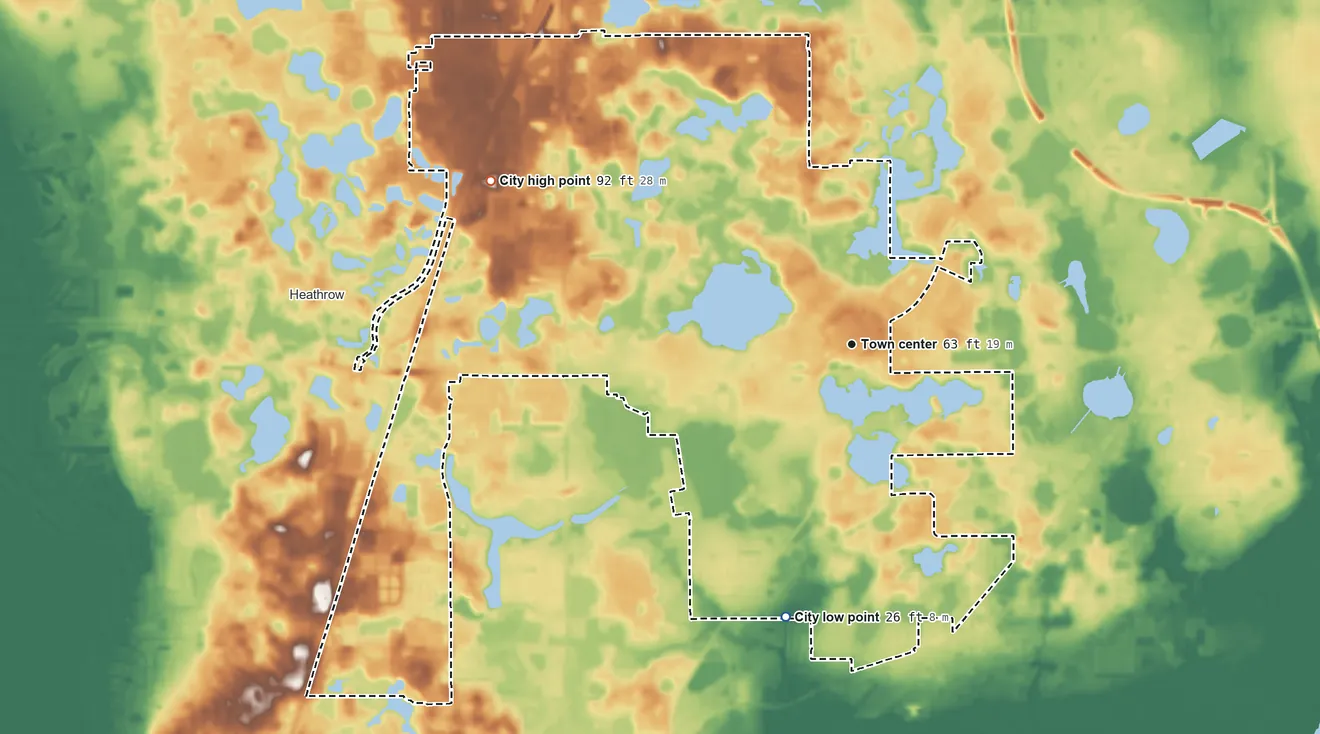 Topographic elevation map of Lake Mary, Florida, shaded from 26 ft on the south side to 92 ft on the northwest side