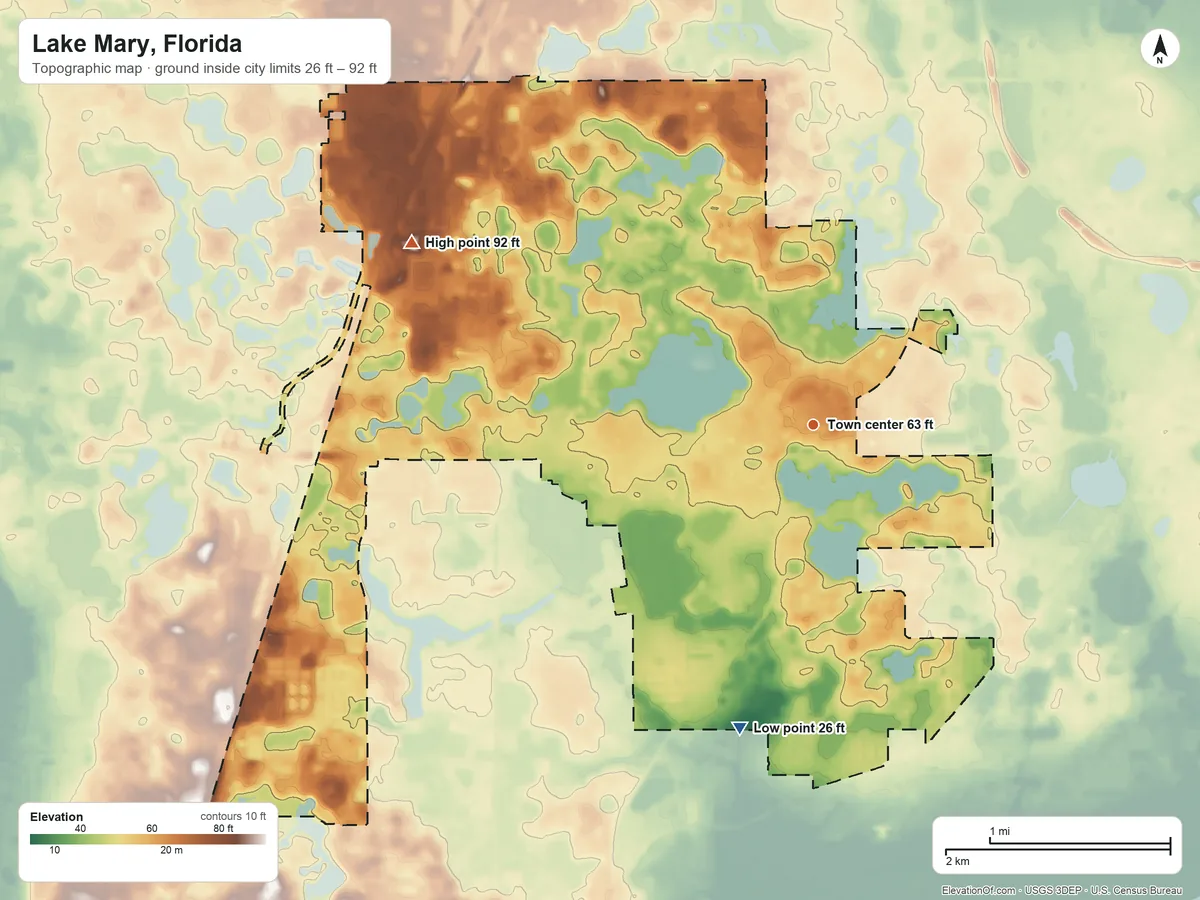 Topographic elevation map of Lake Mary, Florida, shaded from 26 ft on the south side to 92 ft on the northwest side