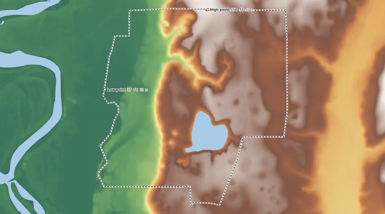 Topographic elevation map of Lake Mystic, Florida, shaded from 37 ft on the west side to 150 ft on the northwest side