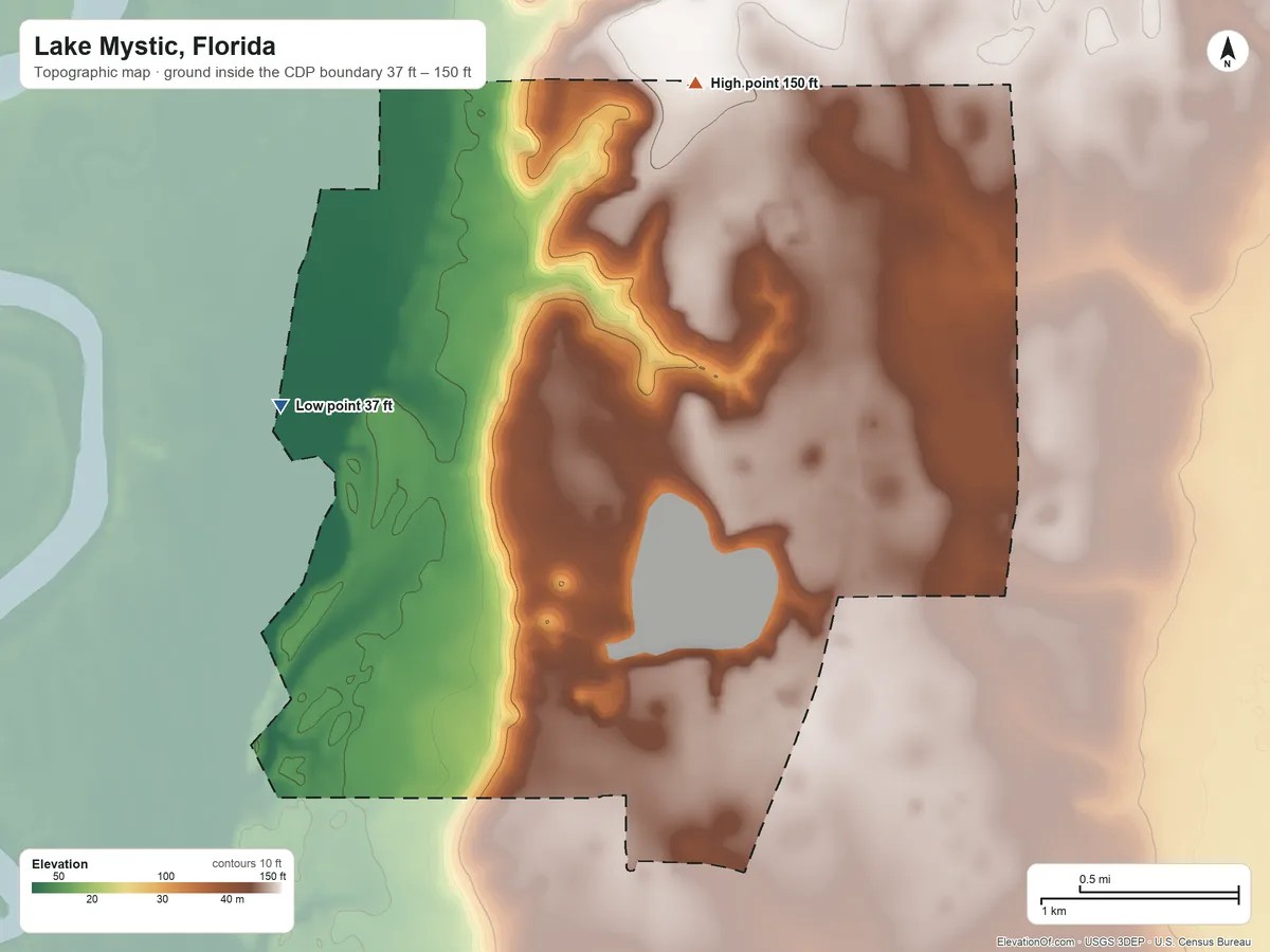 Topographic elevation map of Lake Mystic, Florida, shaded from 37 ft on the west side to 150 ft on the northwest side