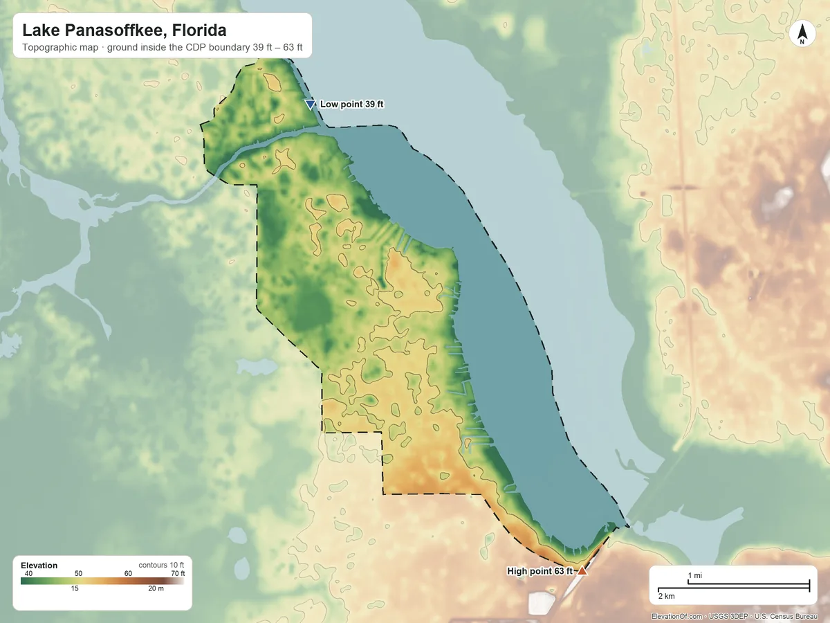 Topographic elevation map of Lake Panasoffkee, Florida, shaded from 39 ft on the north side to 63 ft on the southeast side