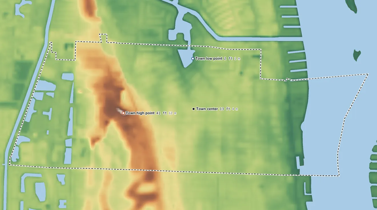 Topographic elevation map of Lake Park, Florida, shaded from 2 ft on the north side to 41 ft on the west side
