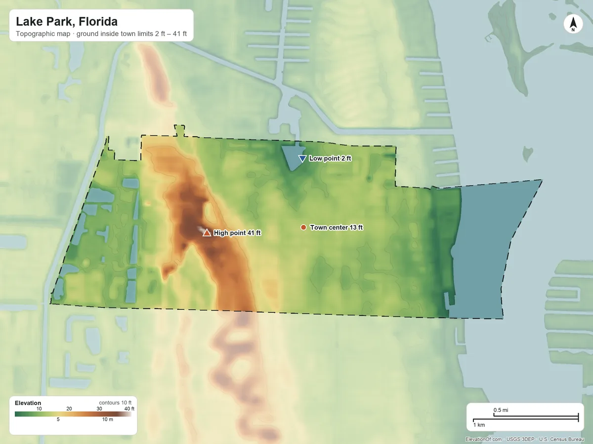 Topographic elevation map of Lake Park, Florida, shaded from 2 ft on the north side to 41 ft on the west side
