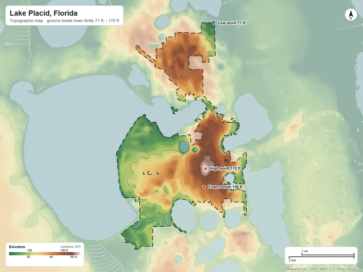 Topographic elevation map of Lake Placid, Florida, shaded from 71 ft on the north side to 170 ft near the middle