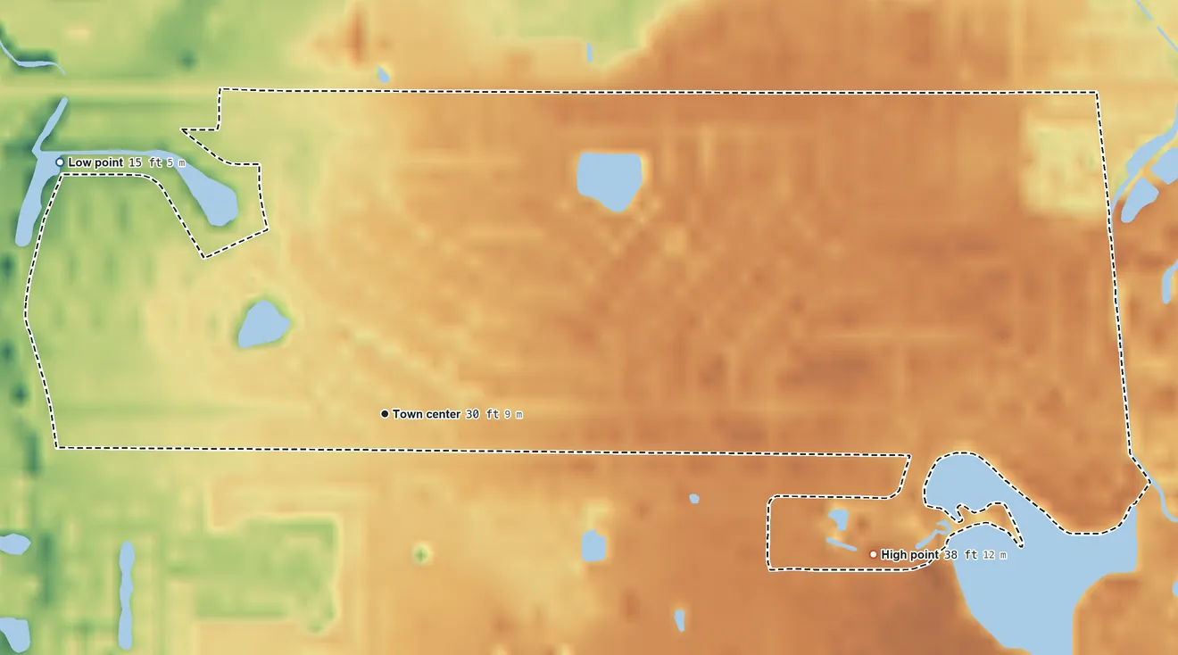 Topographic elevation map of Lake Sarasota, Florida, shaded from 15 ft on the northwest side to 38 ft on the east side