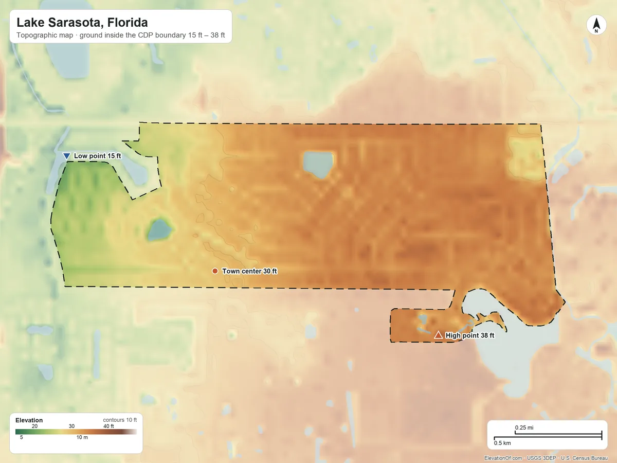 Topographic elevation map of Lake Sarasota, Florida, shaded from 15 ft on the northwest side to 38 ft on the east side