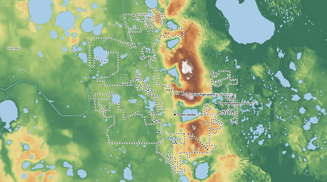 Topographic elevation map of Lake Wales, Florida, shaded from 98 ft on the east side to 250 ft on the northeast side