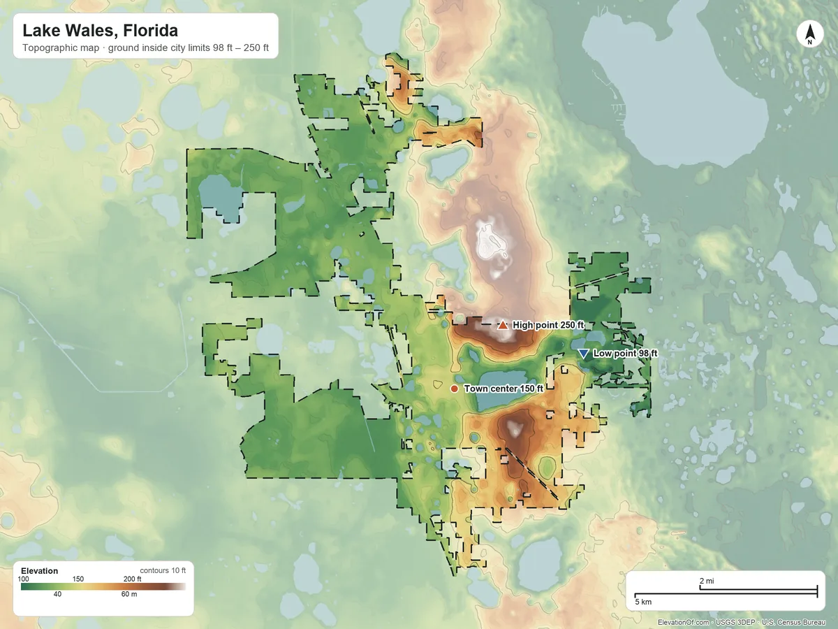 Topographic elevation map of Lake Wales, Florida, shaded from 98 ft on the east side to 250 ft on the northeast side