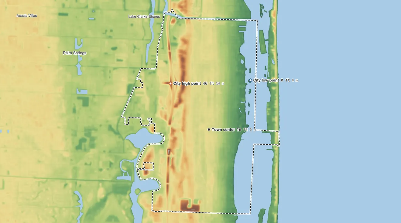 Topographic elevation map of Lake Worth Beach, Florida, shaded from sea level level on the Atlantic Ocean to 46 ft on the northwest side