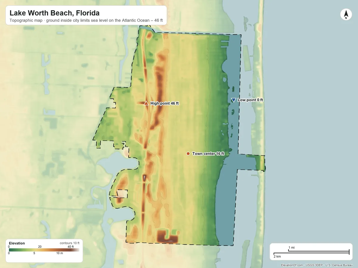 Topographic elevation map of Lake Worth Beach, Florida, shaded from sea level level on the Atlantic Ocean to 46 ft on the northwest side