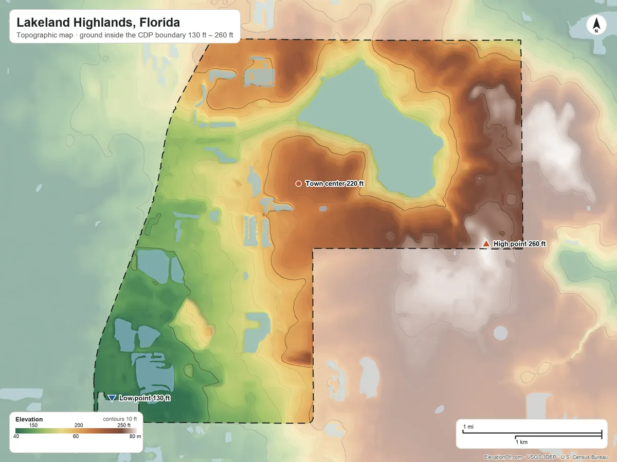 Topographic elevation map of Lakeland Highlands, Florida, shaded from 130 ft on the southwest side to 260 ft on the east side