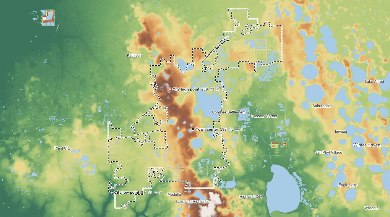 Topographic elevation map of Lakeland, Florida, shaded from 87 ft on the southwest side to 250 ft on the northwest side