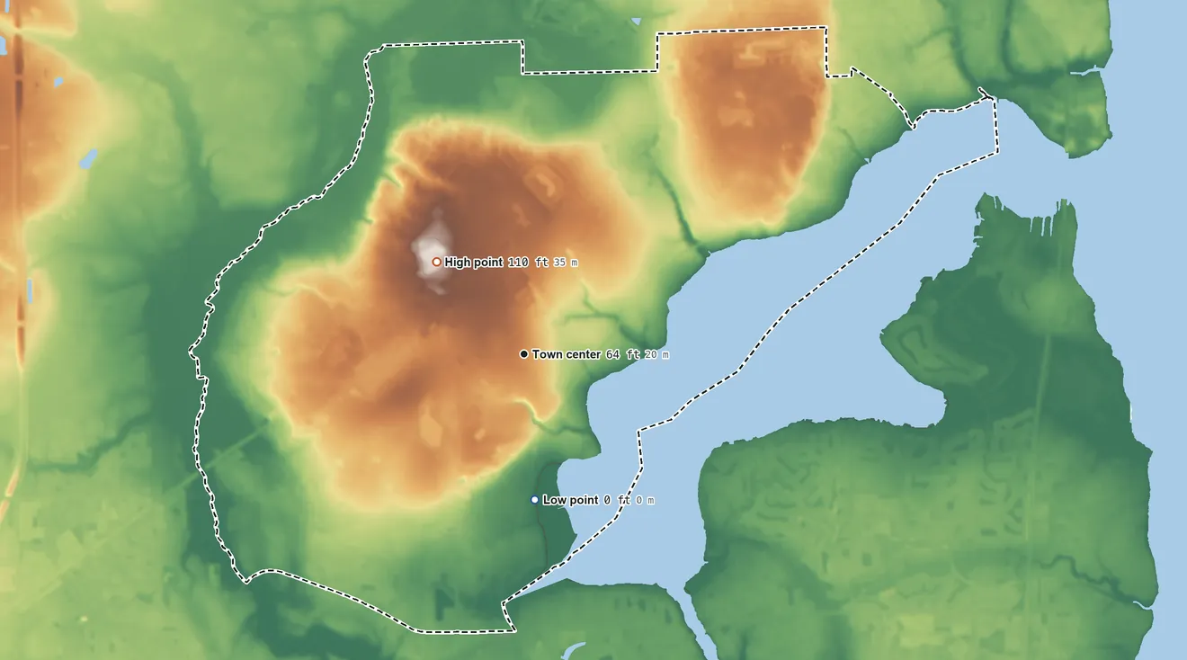 Topographic elevation map of Lakeside, Florida, shaded from 0 ft on the south side to 110 ft on the northwest side