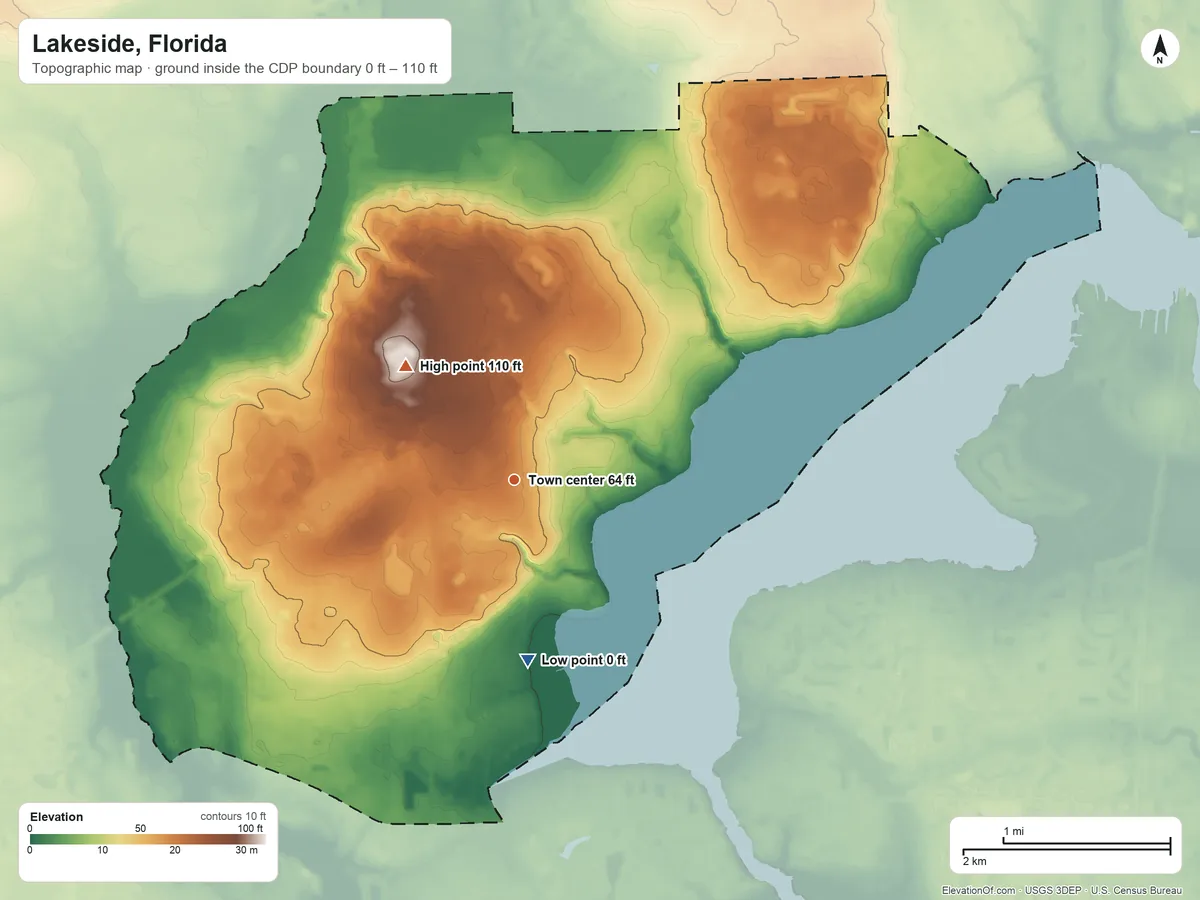 Topographic elevation map of Lakeside, Florida, shaded from 0 ft on the south side to 110 ft on the northwest side