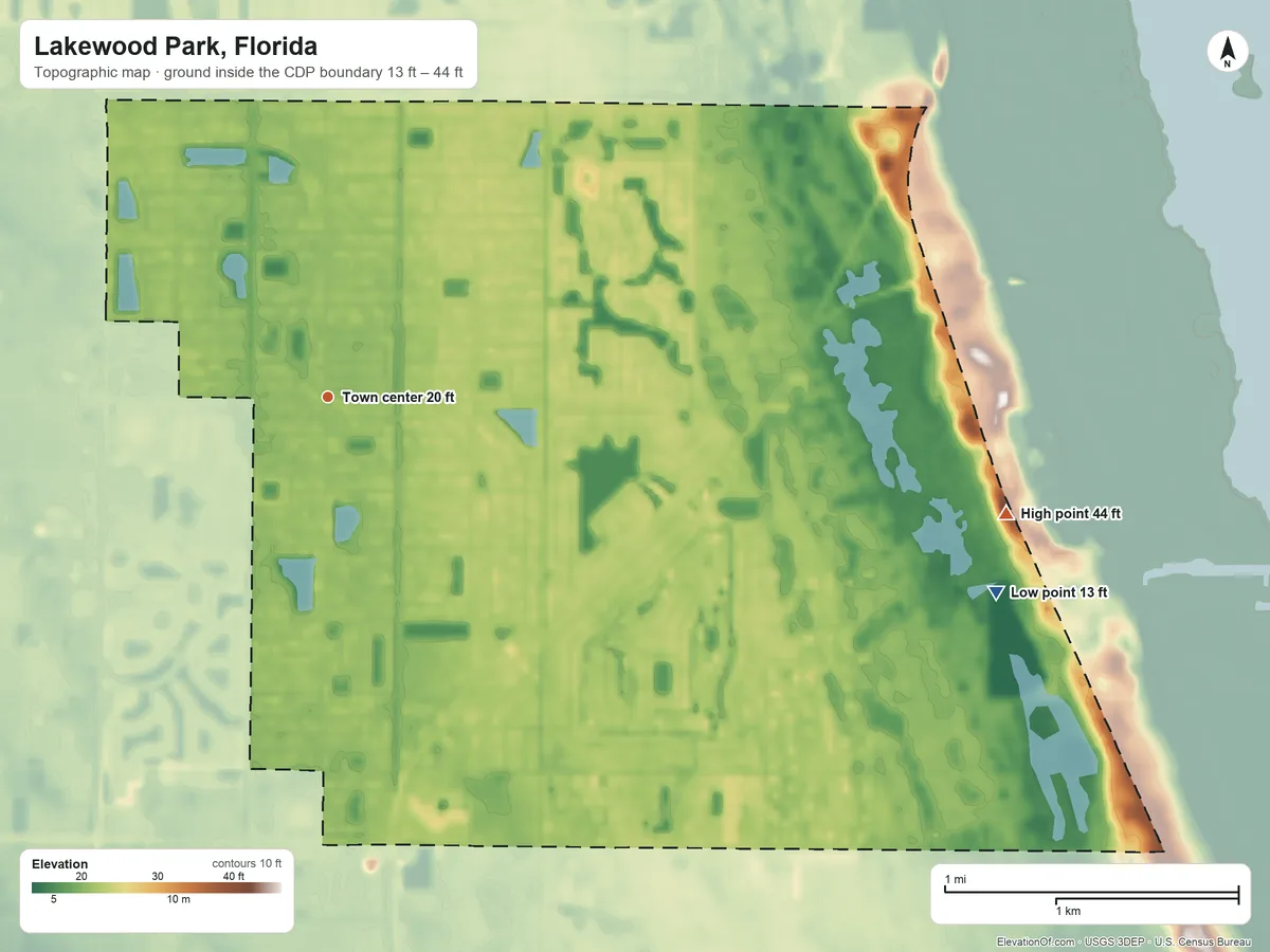 Topographic elevation map of Lakewood Park, Florida, shaded from 13 ft on the east side to 44 ft on the east side