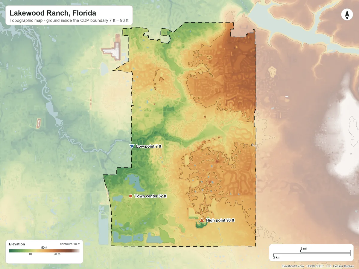 Topographic elevation map of Lakewood Ranch, Florida, shaded from 7 ft on the north side to 93 ft on the east side