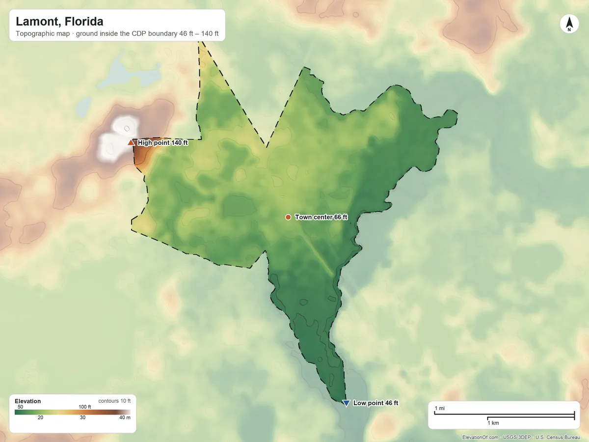 Topographic elevation map of Lamont, Florida, shaded from 46 ft on the south side to 140 ft on the northwest side