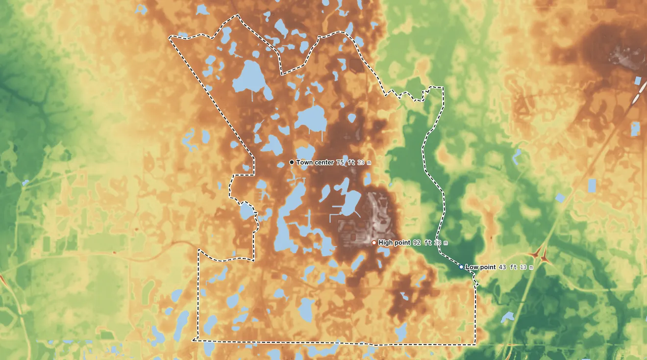 Topographic elevation map of Land O' Lakes, Florida, shaded from 43 ft on the southeast side to 92 ft on the southeast side