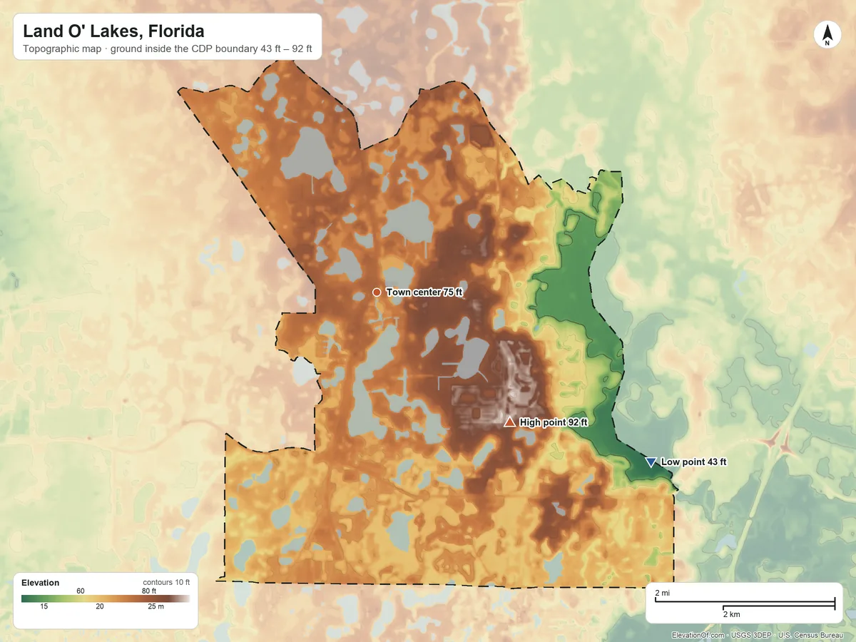 Topographic elevation map of Land O' Lakes, Florida, shaded from 43 ft on the southeast side to 92 ft on the southeast side