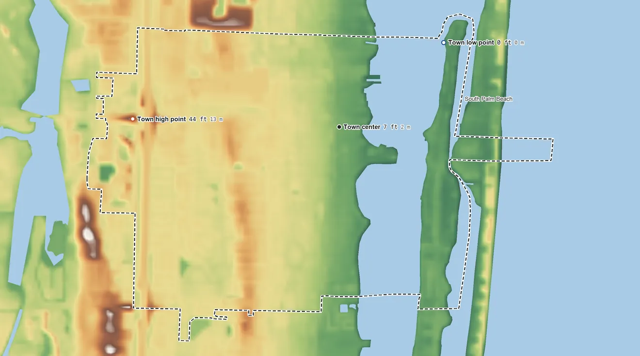 Topographic elevation map of Lantana, Florida, shaded from sea level level on the Atlantic Ocean to 44 ft on the west side