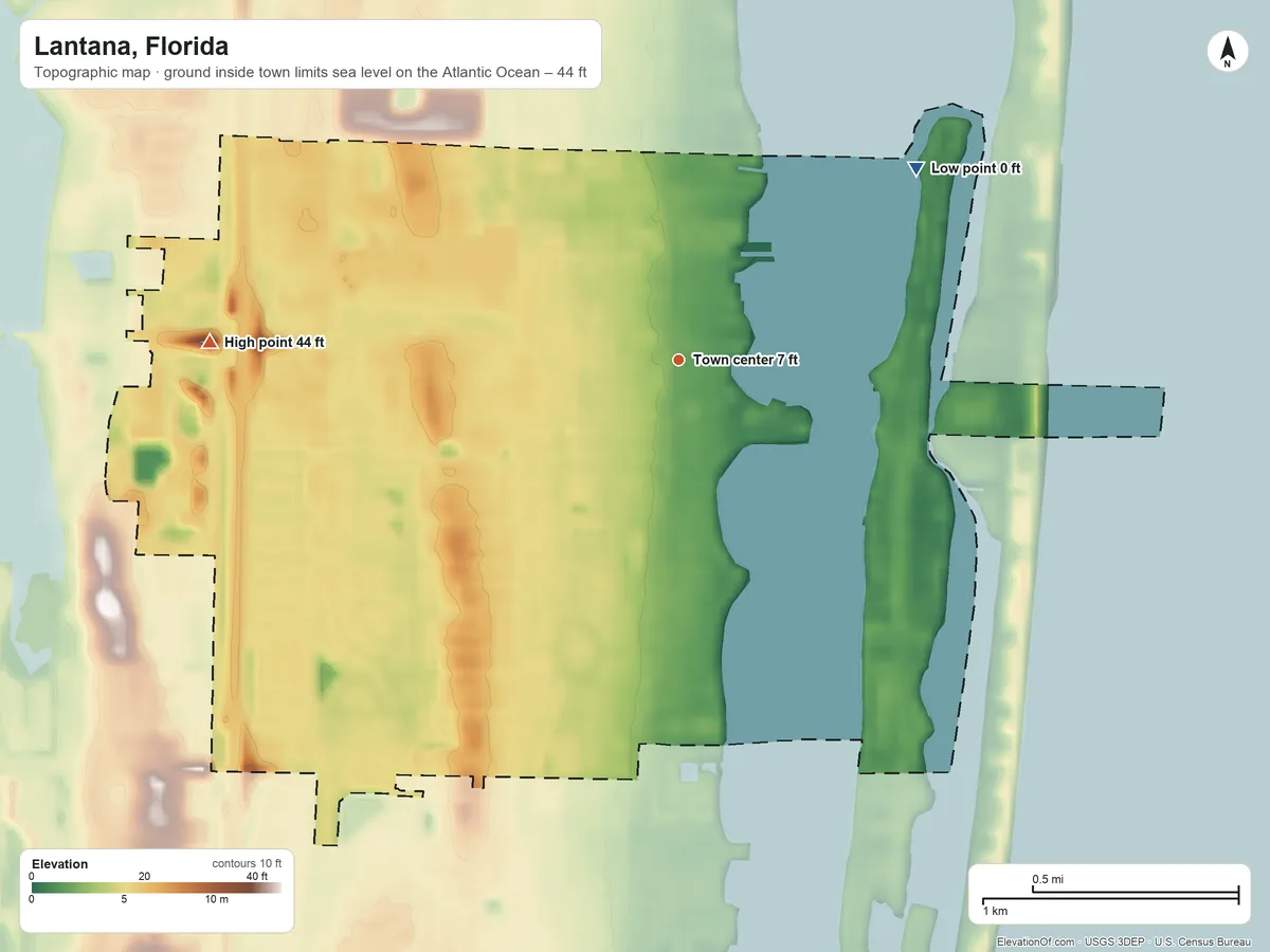 Topographic elevation map of Lantana, Florida, shaded from sea level level on the Atlantic Ocean to 44 ft on the west side