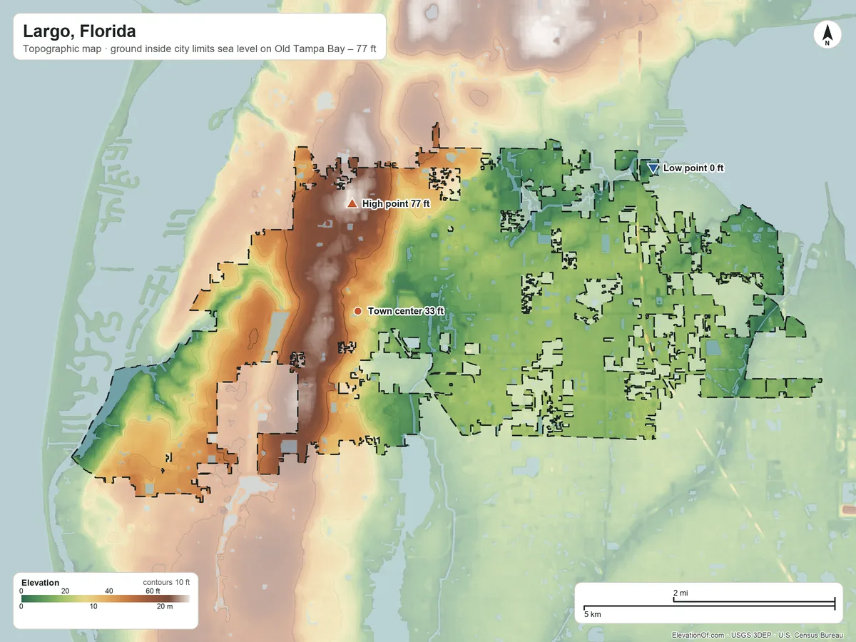 Topographic elevation map of Largo, Florida, shaded from sea level level on Old Tampa Bay to 77 ft on the north side