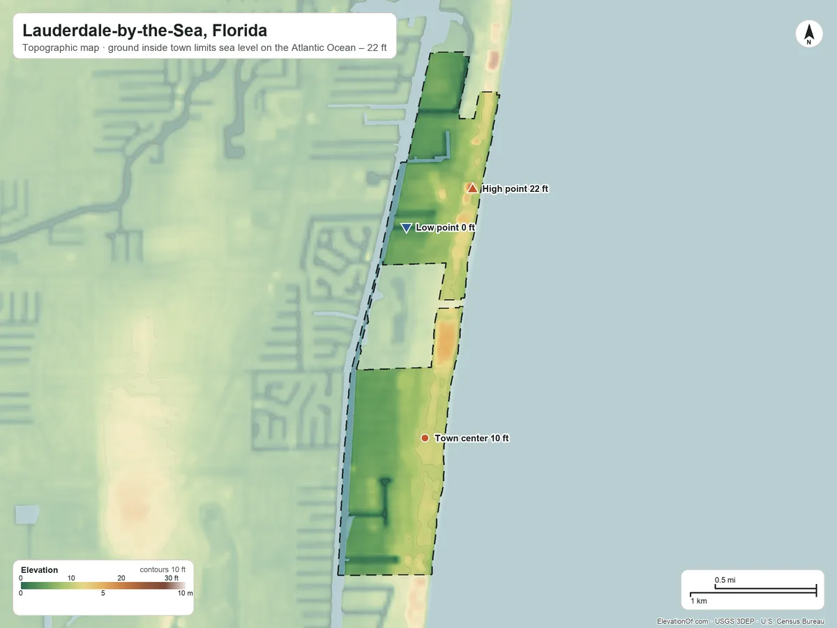 Topographic elevation map of Lauderdale-by-the-Sea, Florida, shaded from sea level level on the Atlantic Ocean to 22 ft on the north side