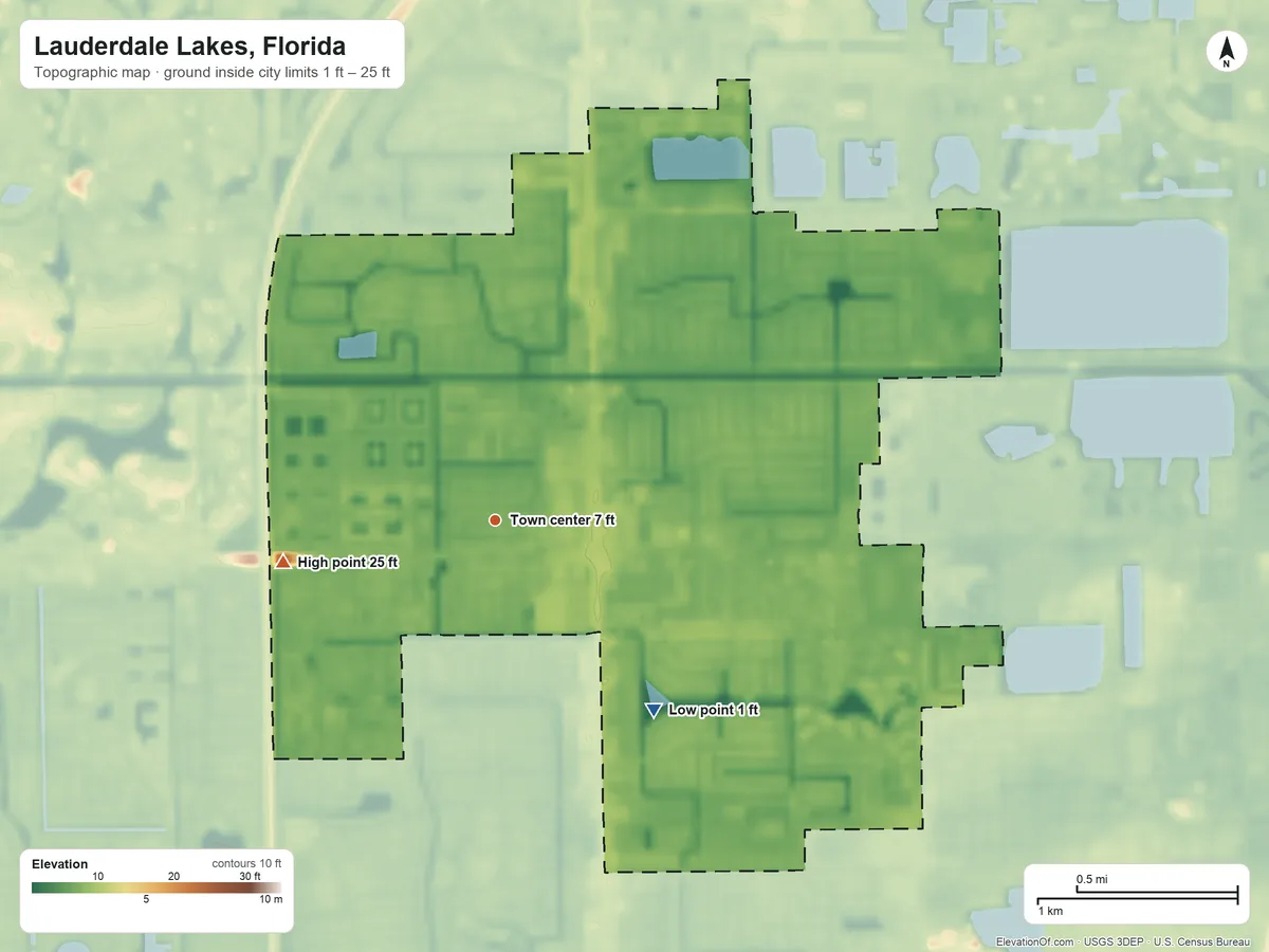 Topographic elevation map of Lauderdale Lakes, Florida, shaded from 1 ft on the southeast side to 25 ft on the west side