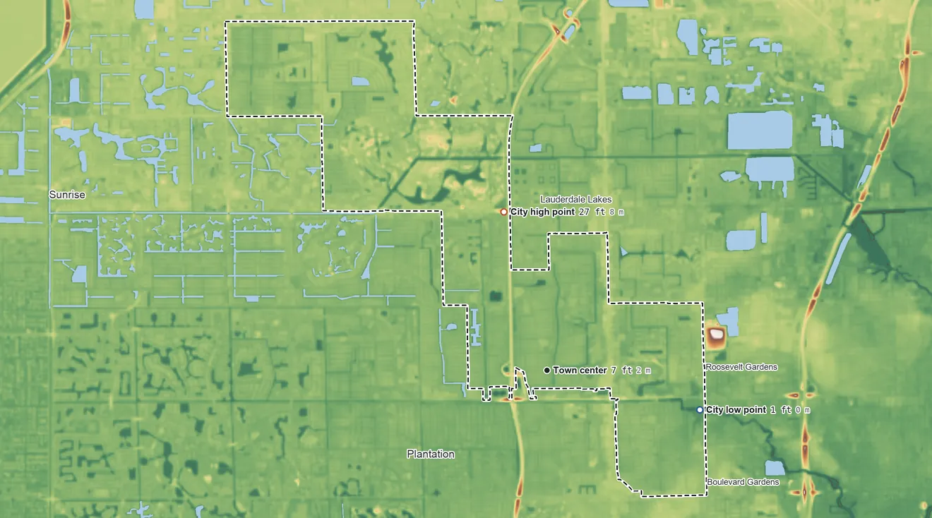 Topographic elevation map of Lauderhill, Florida, shaded from 1 ft on the east side to 27 ft on the north side