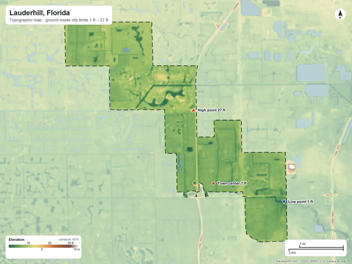 Topographic elevation map of Lauderhill, Florida, shaded from 1 ft on the east side to 27 ft on the north side