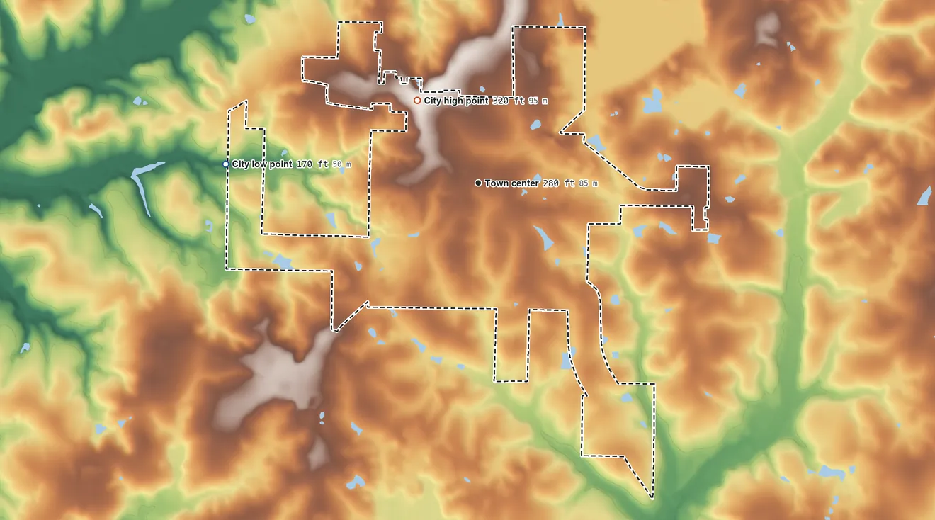 Topographic elevation map of Laurel Hill, Florida, shaded from 170 ft on the west side to 320 ft on the northwest side