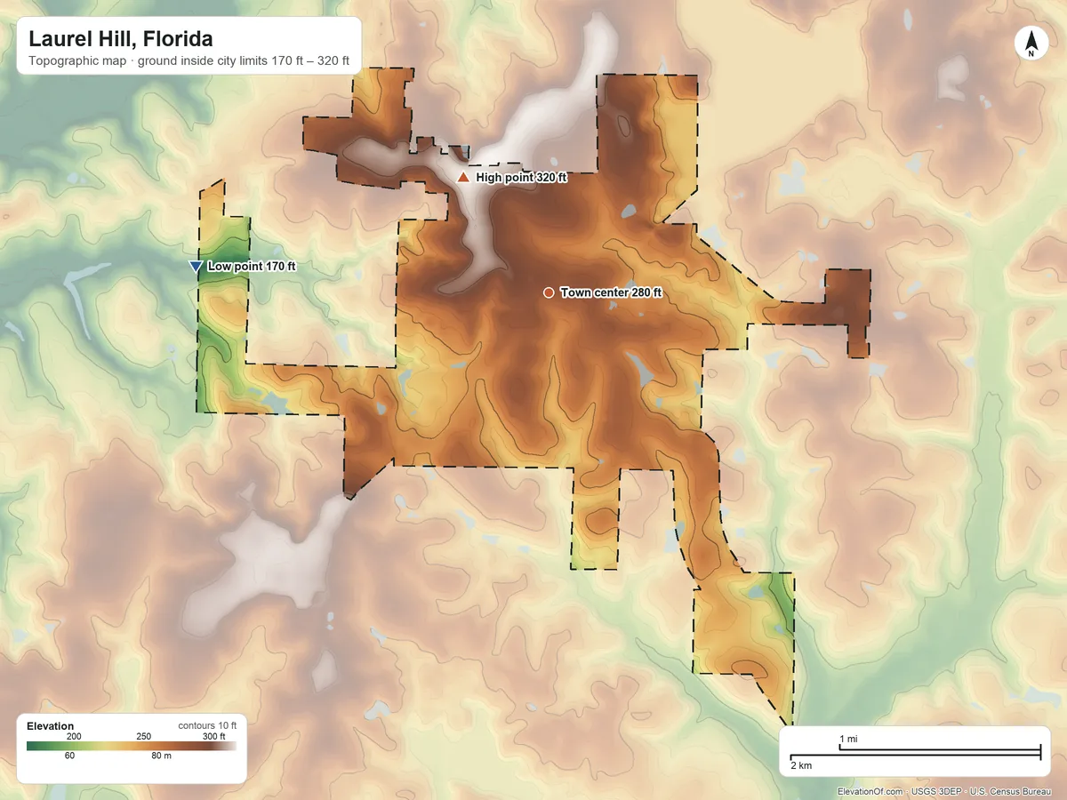 Topographic elevation map of Laurel Hill, Florida, shaded from 170 ft on the west side to 320 ft on the northwest side